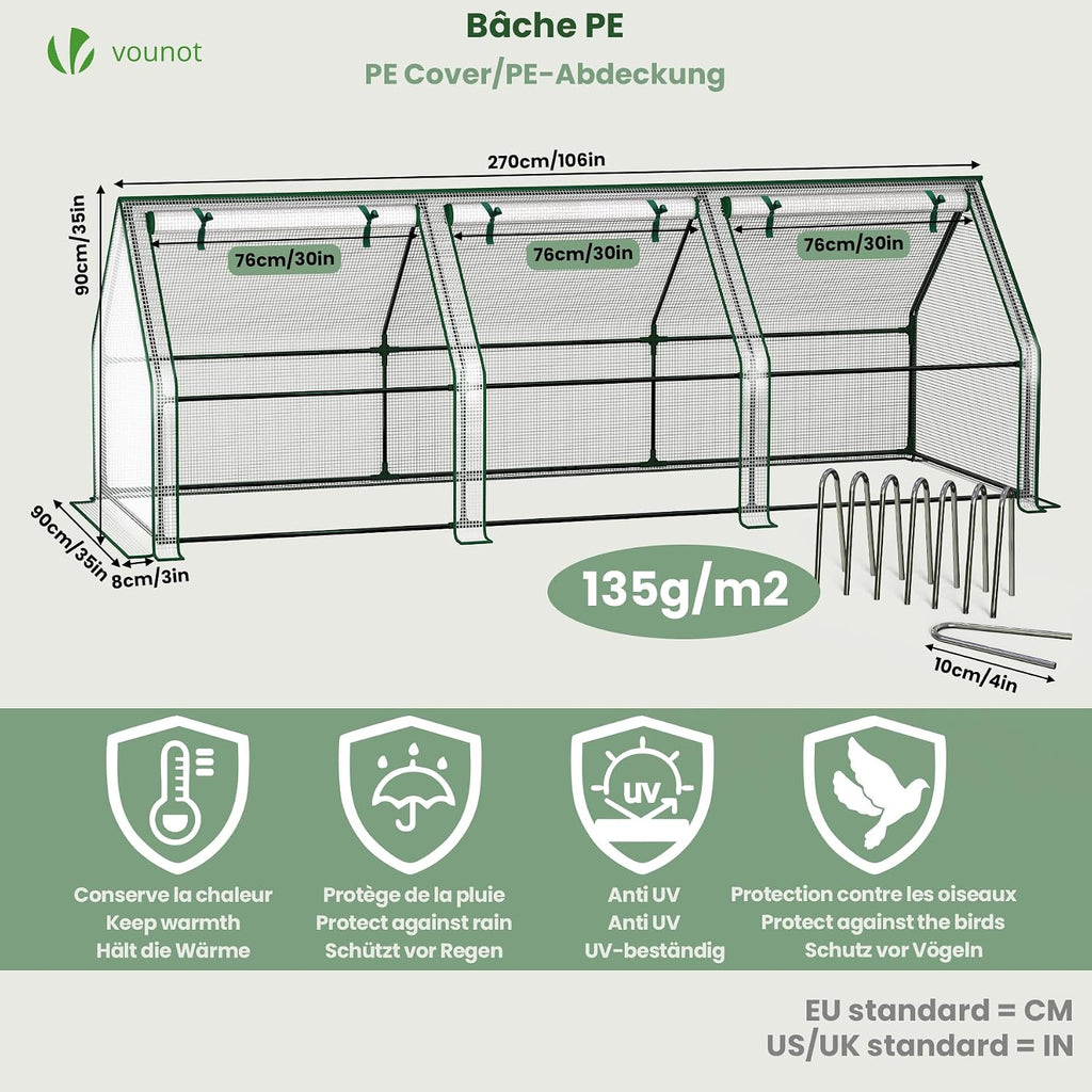 vounot® mini greenhouse with 3 roll-up zipper windows, close-up detail