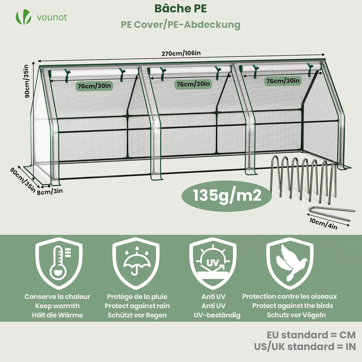 vounot® mini greenhouse with 3 roll-up zipper windows, close-up detail