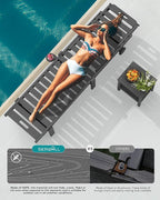 SERWALL Outdoor Chaise Lounge Set of 2, All-Weather HDPE Pool Lounge Chairs with 5-Position Adjustable Reclining Backrest, Rolling Wheels & Cup Holder for Poolside, Grey