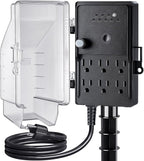 SURAIELEC Outdoor Power Stake Light Timer, Dusk to Dawn, 6 Electrical Outlet Power Strip Weatherproof, 6FT Extension Cord Multiple Outlet for Patio Lights, Sprinkler, Garden, Christmas Decorations