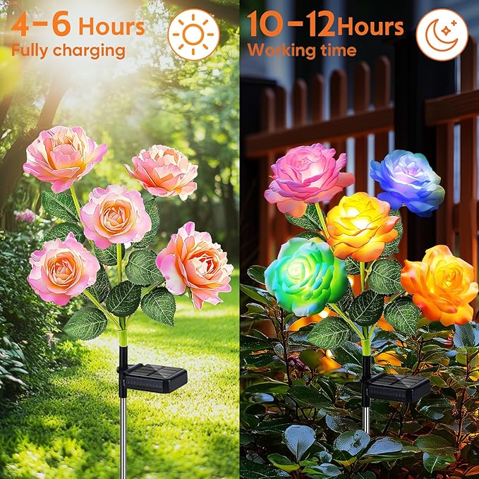Solar Rose Lights Outdoor: 4 Pack IP65 Waterproof 7-Color Changing LED Flower Stakes for Garden Pathway Patio Lawn Decorative - Auto On Off 10H+ Lighting