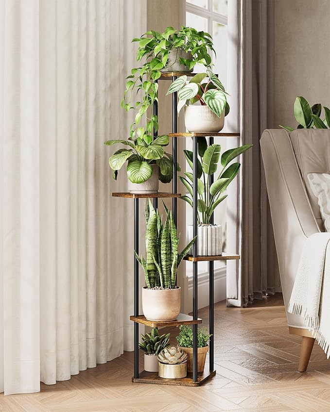 Corner Plant Stand Indoor 6 Tiered Tall Plant Stand Plant Shelf for Multiple Plants Coner Shelf Wood Plant Stands Metal Shelving for Living Room Bedroom Balcony Patio Brown Oak