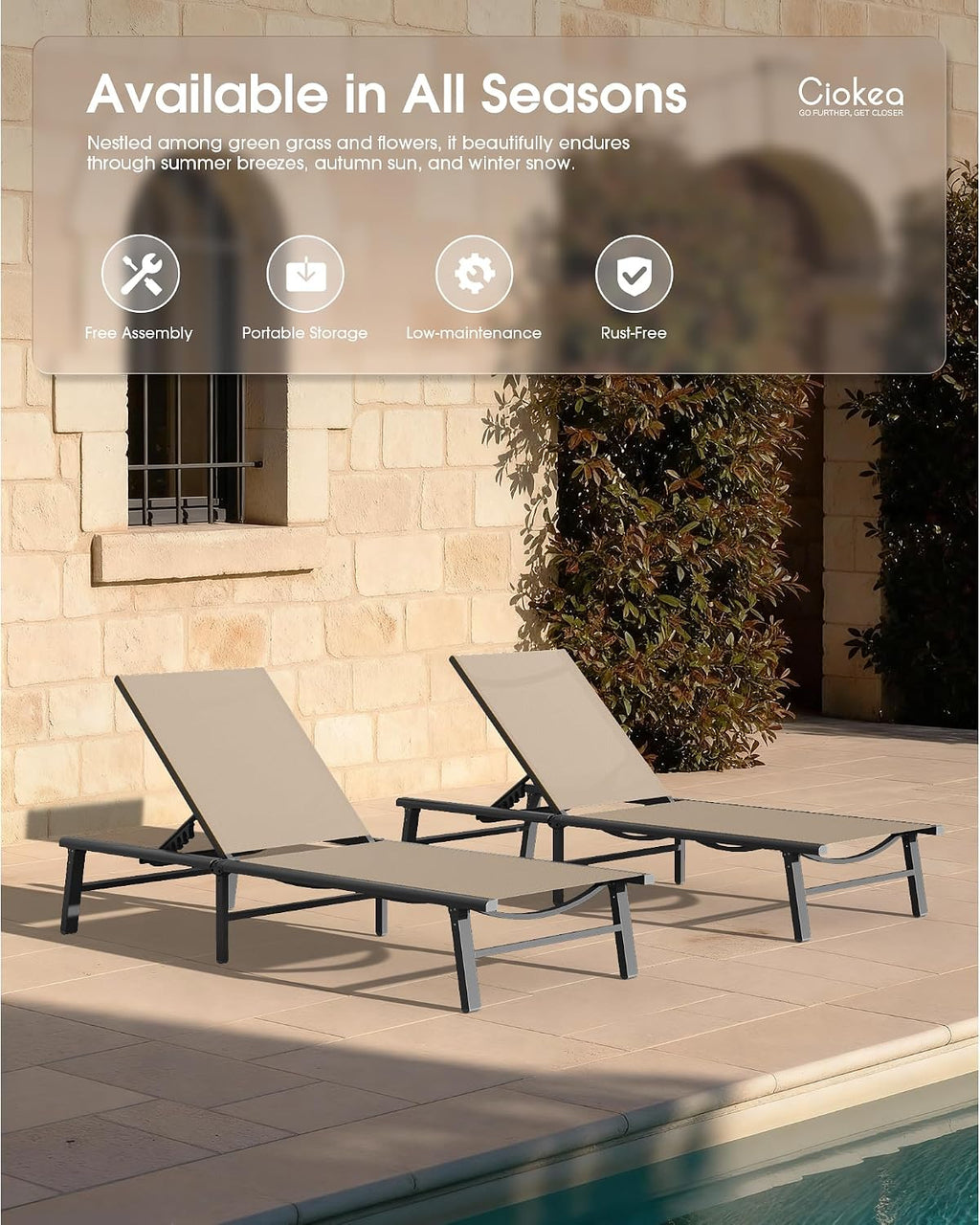 Foldable Outdoor Lounge Chair, No Assembly Patio Chaise Lounge Outdoor with 5-Positions, Aluminum Pool Lounge Chair with Portable Design for Pool, Beach, Deck, Backyard, Khaki