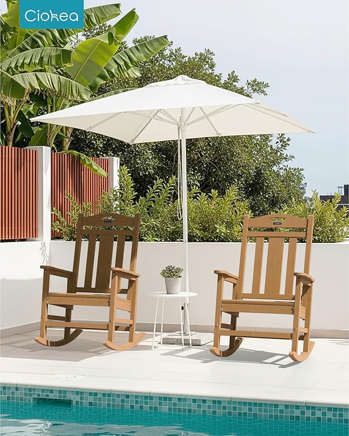 Ciokea Oversized Outdoor Rocking Chairs Set of 3, 380lbs Heavy-Duty Large Patio Rocker, High Back Cozy Porch Chairs, Weather Resistant Patio Rocking Chairs for Outside, Fire Pit, Deck, Teak