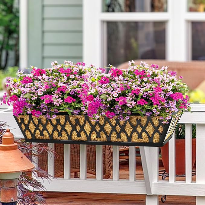 2 Pack 24 Inch Window Boxes Planters Railing Planter Box with Adjustable Brackets for Porch Fence Patio Balcony Hanging Flower Baskets with Coco Liners for Outdoor Garden Décor - Black