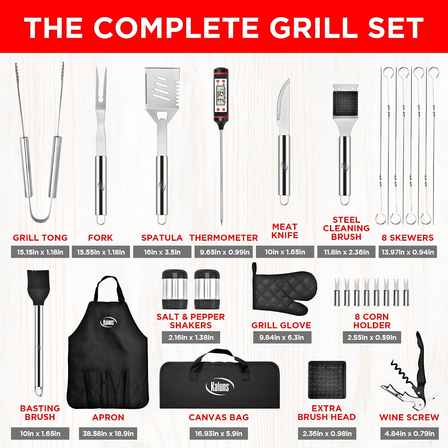 Kaluns Grilling Accessories, Dad Gifts for Christmas, Heavy Duty Stainless Steel Grill Set BBQ Grill Accessories for Outdoor Grill with Meat Thermometer, Case and Apron