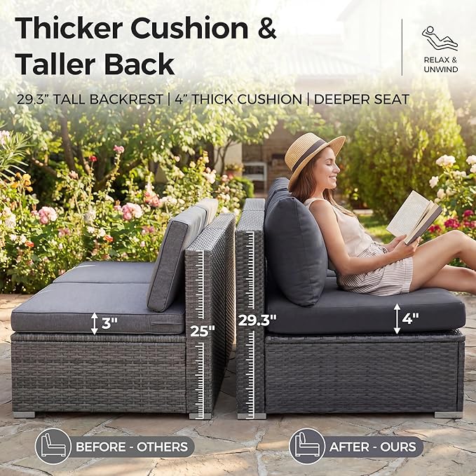 NICESOUL 9 Piece Modern Outdoor Furniture Set with Fire Pit Table, 8 Seat L-Shaped Extra Large Sectional Sofa Sets, 29.3'' High Back Comfy Modular Wicker Conversations, Natural Gas & Propane, Grey