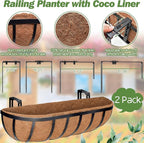 ZeeDix 24 Inch Railing Planter Box, 2 Pack Metal Window Boxes with Coco Liners for Railing, Hanging Flower Boxes for Deck Porch Balcony & Fence Outdoor Indoor Lawn