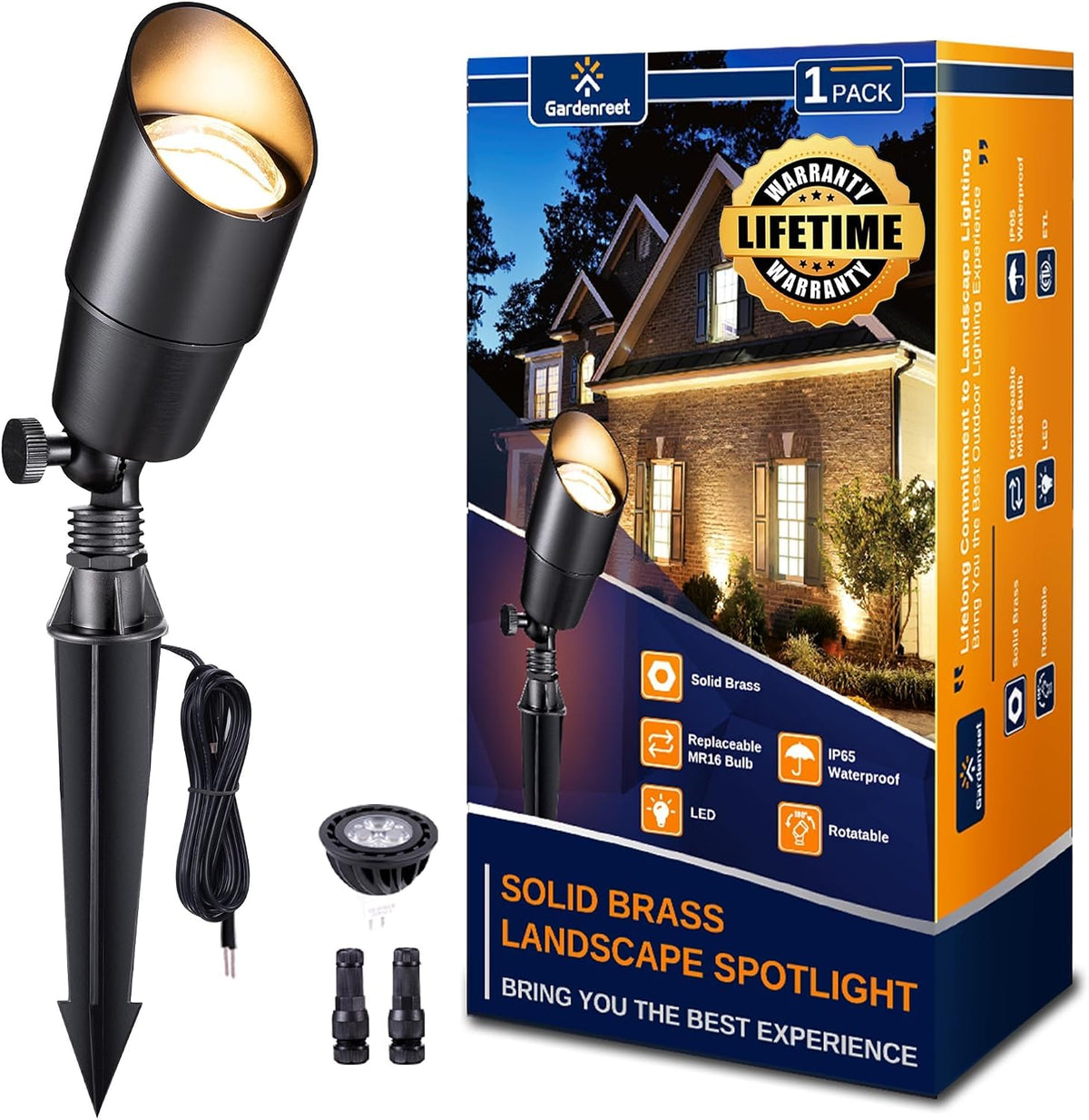 gardenreet brass outdoor spotlight, 12v led, 2700k, black, main product view