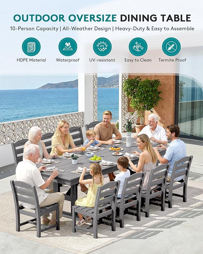 SERWALL Outdoor Dining Chairs Set of 4, All-Weather HDPE Patio Chair with 19.7" Widened Seat, for Backyard, Garden, Gray