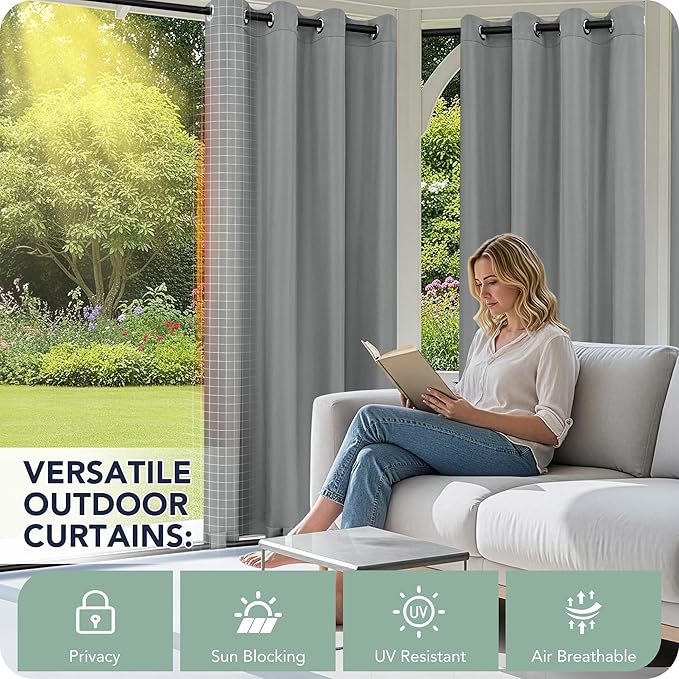 Outdoor Curtains for Patio Waterproof 6 Panels - Windproof, Privacy, Weatherproof Outside Drapes for Gazebo Pergola Porch, Grommet Top and Tab Bottom, 54x120 Inch, Grey