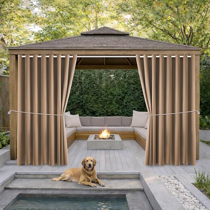 Waterproof Outdoor Curtain W105 x L108 - Grommet Top Sunlight Blocking Window Treatment Drapes Blackout Curtains for Home Bedroom Living Room Outdoor Patio Porch Pergola, Camel Brown, 2 Panels