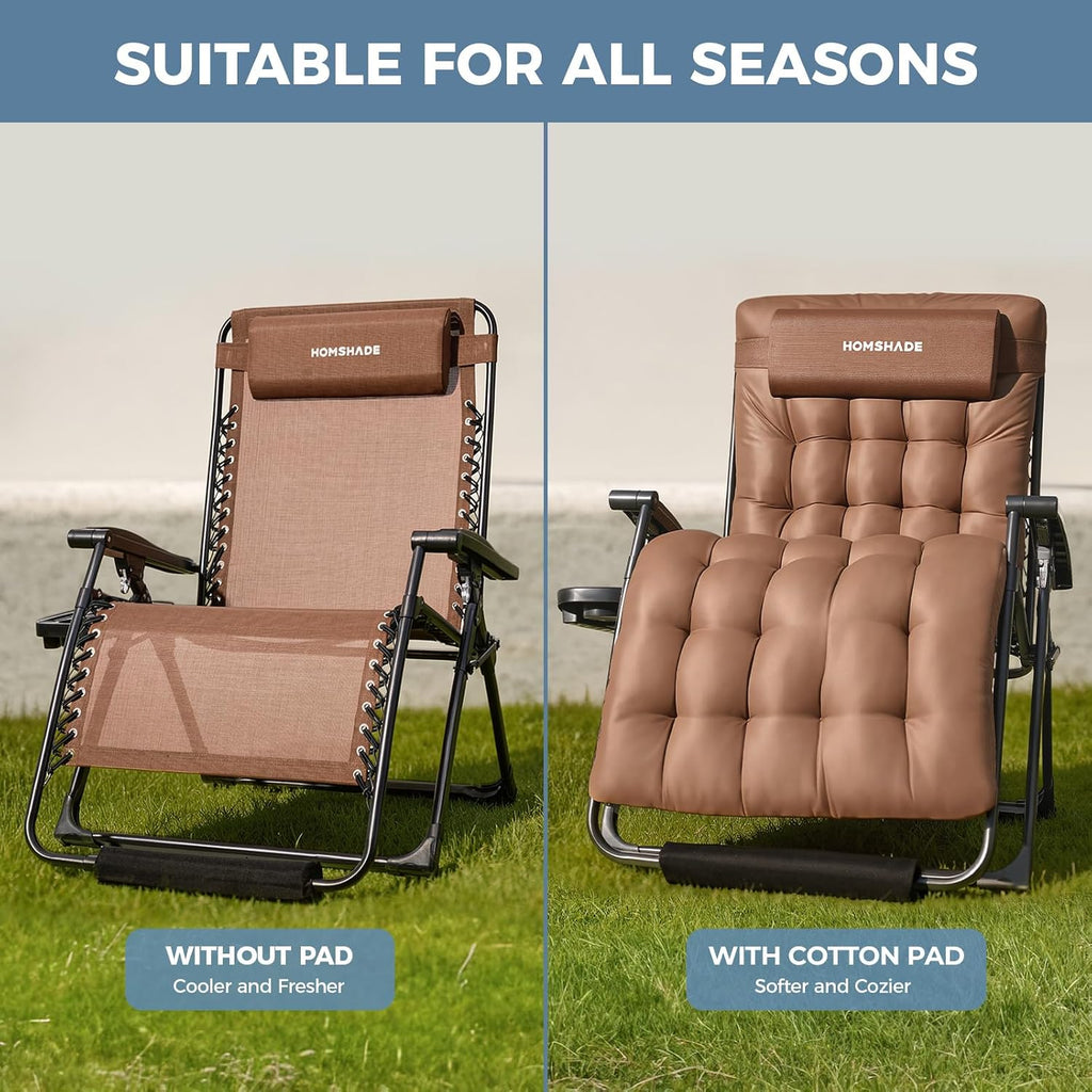 33 Inch XXL Oversized Zero Gravity Chair, Support 500 LBS, Brown | Heavy Duty Zero Gravity Lounge Chair Outdoor, Indoor Recliner Chairs w/Removable Cushion, Footrest, Headrest & Cup Holder