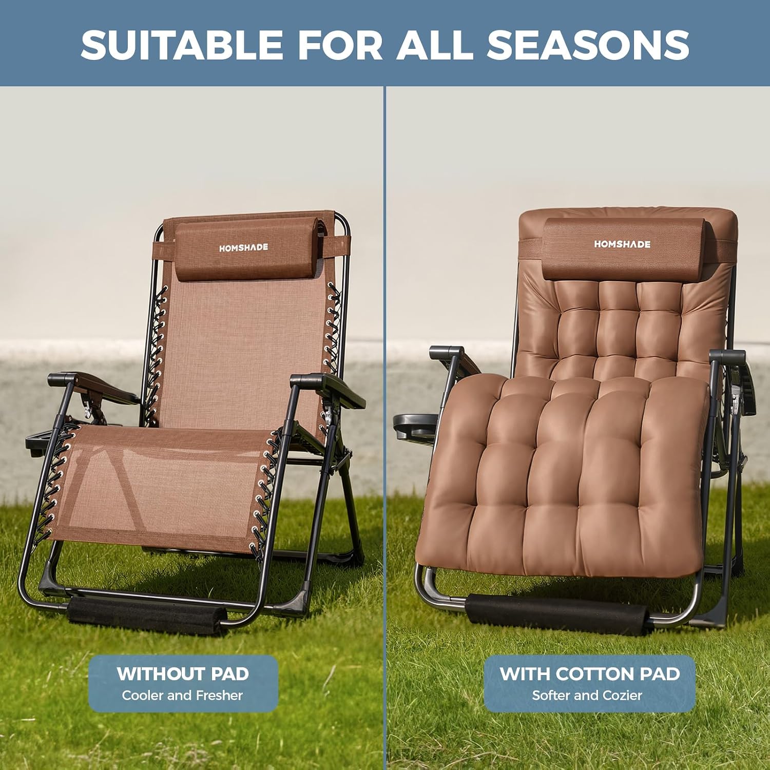 33 Inch XXL Oversized Zero Gravity Chair, Support 500 LBS, Brown | Heavy Duty Zero Gravity Lounge Chair Outdoor, Indoor Recliner Chairs w/Removable Cushion, Footrest, Headrest & Cup Holder