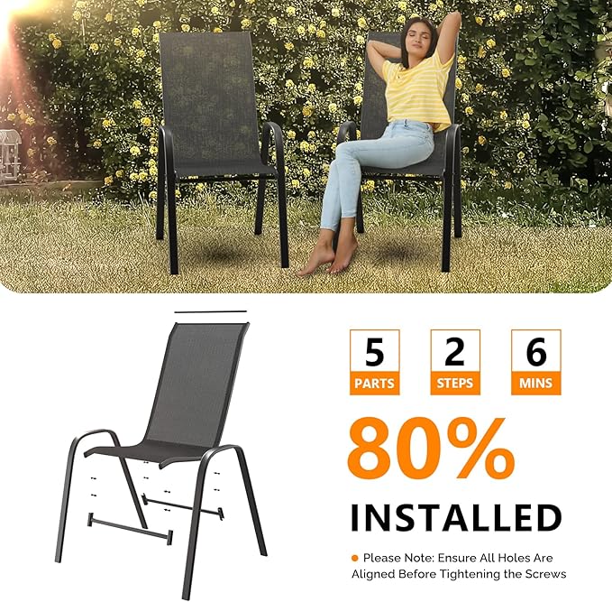 VINGLI Patio Chairs Set of 8 – Stackable Outdoor Dining Chairs with Comfortable Sling High Back Chairs and Armrests for Lawn, Poolside, Courtyard, Balcony, Garden, Black