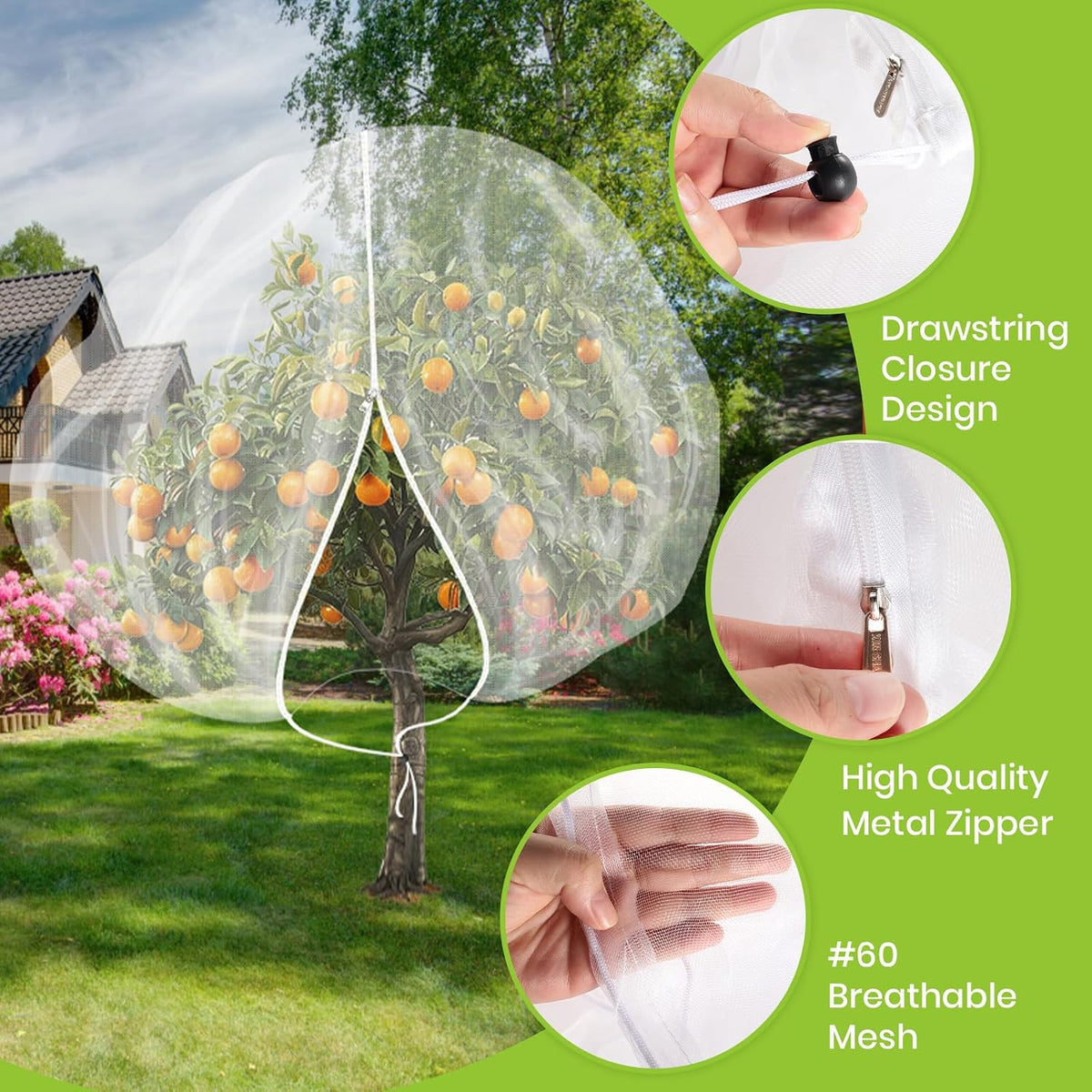 large 10x10ft fruit tree netting with zipper drawstring, close-up detail