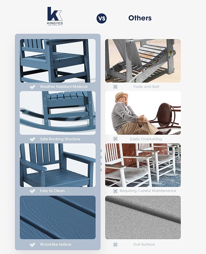 KINGYES Oversized Outdoor Rocking Chair Set of 4, High Density Polyethylene Patio Rocking Chairs with 330lbs Support for Adults, Navy