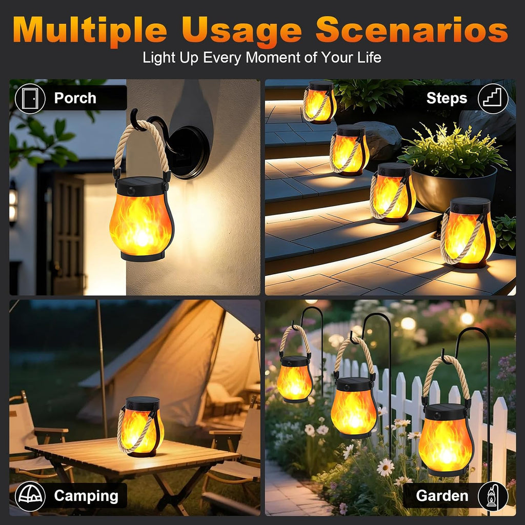 Solar Lanterns Outdoor 2-Pack with Ultra-Real Flame Lights, Dual Charging (USB/Solar), 2 Modes & Outdoor Waterproof Design — Decorative Hanging/Table Lights for Yard, Patio, Garden