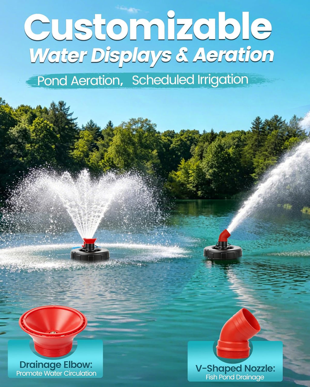 1HP Floating Pond Fountain Aerator, 15000GPH, 110V, Red | 304 Stainless Steel, Smart LCD Timer, Anti-Drift Base, 100 FT Copper Cord, Dual Fountain Nozzles