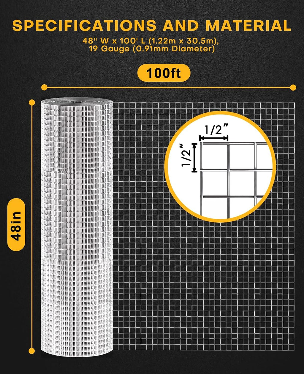 19 Gauge Hardware Cloth, 1/2 inch 48inch×100ft Chicken Wire Fence | Hot-dip Galvanized Welded Cage Wire Mesh Roll Supports Poultry Netting Cage Fence Poultry Animal Netting Cage Screen