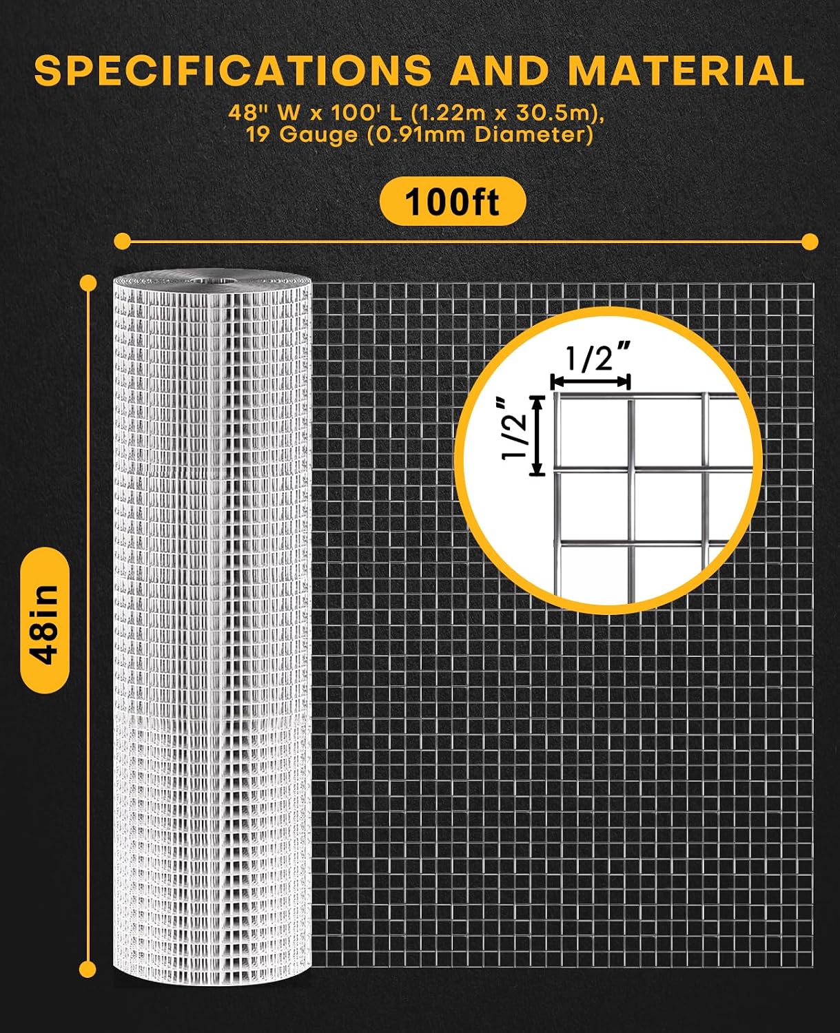 19 Gauge Hardware Cloth, 1/2 inch 48inch×100ft Chicken Wire Fence | Hot-dip Galvanized Welded Cage Wire Mesh Roll Supports Poultry Netting Cage Fence Poultry Animal Netting Cage Screen