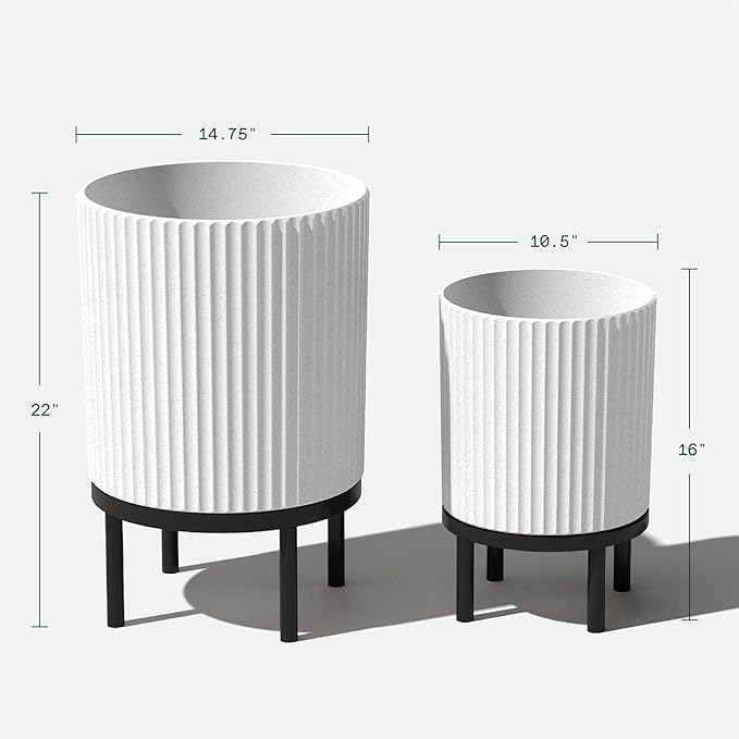 Veradek Demi Series Round Planter w/Stand for Porch/Patio | Durable Plastic-Stone Composite & Wooden Stand | Modern Décor for Tall Plants, Flowers