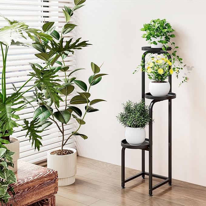 Plant Stand Indoor Outdoor 3 Tier Metal Plant Shelf for Multiple Plants Corner Flower Holders for Living Room Balcony Bedroom Patio Garden, Black (Black, 3-Tier)