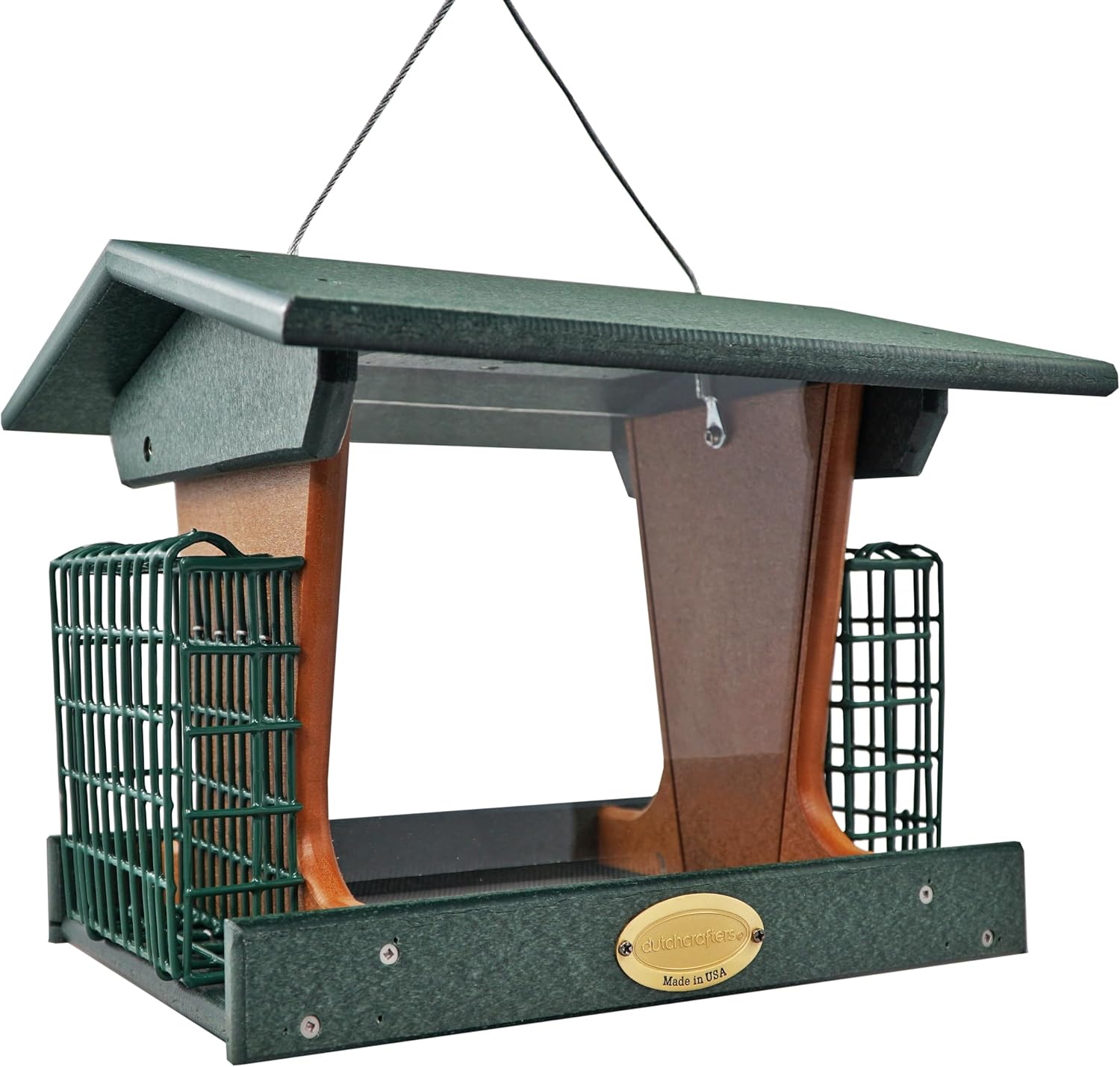 DutchCrafters Poly Hopper Bird Feeder with Suet Holder, Large Suet Feeder for Birds, Outdoor Hanging - Amish American Made (Turf Green & Cedar)
