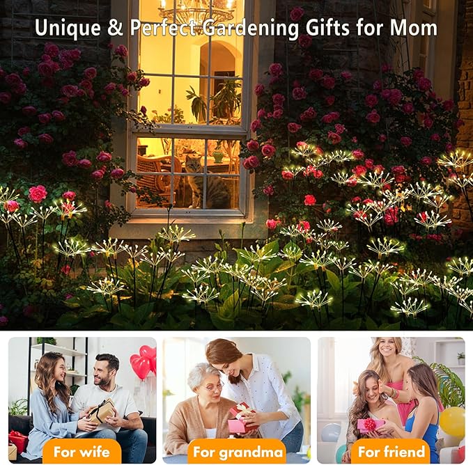Solar Garden Lights 2 Pack Twinkling Solar Firework Lights with 2 Modes 120LED, Solar-Powered Light for Outside Yard Pathway Garden Decor Outdoor Waterproof, Gardening Gifts for Women Mothers Day,Warm