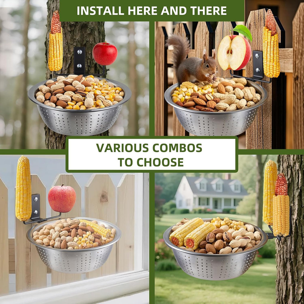 2 Pack Squirrel Feeders, 4 Colander Bowls (Each 8.5"/1.4L) for Replacement, Dual Corn Cob Spikes for Multi-Food, Metal Squirrel Feeders for Outside Tree Fence, Removable Bowl Easy Clean/Refill
