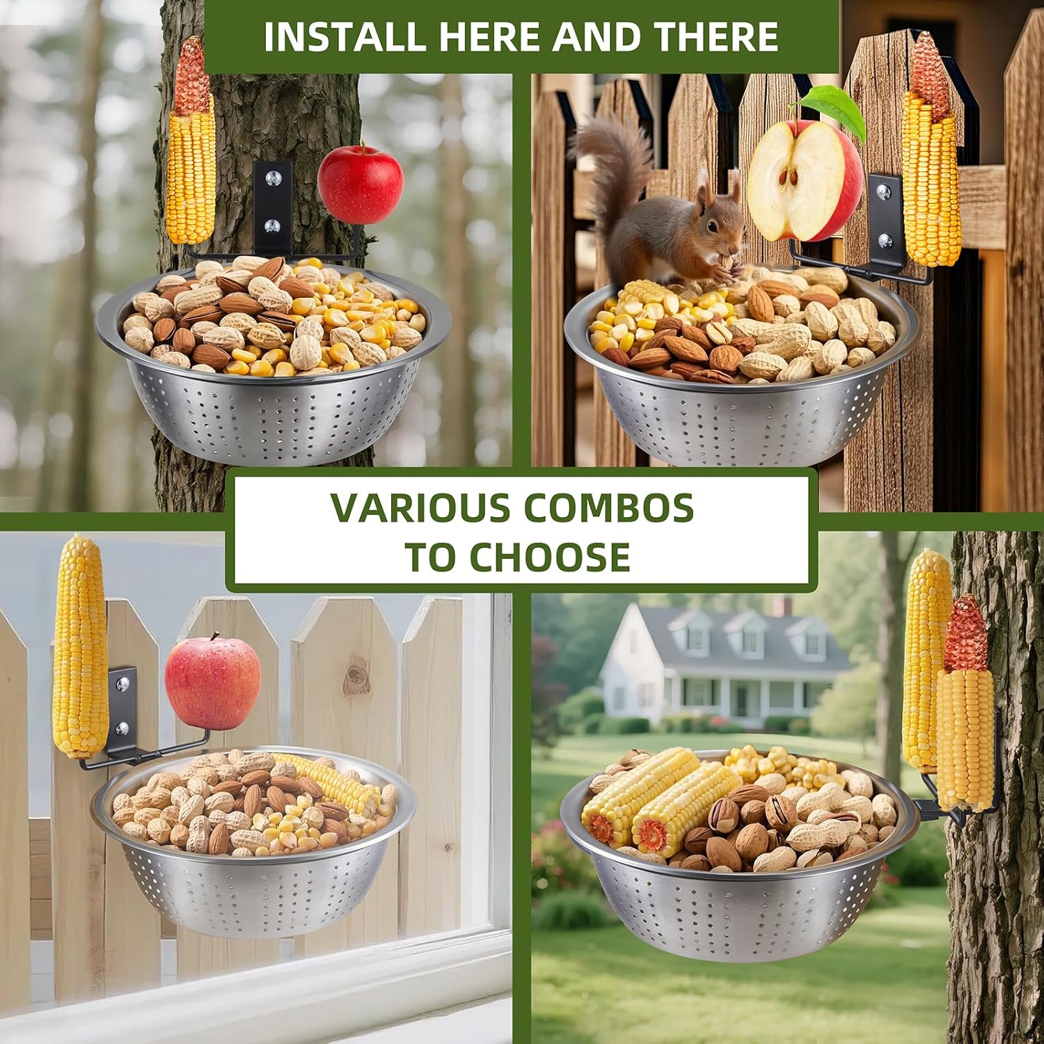 2 Pack Squirrel Feeders, 4 Colander Bowls (Each 8.5"/1.4L) for Replacement, Dual Corn Cob Spikes for Multi-Food, Metal Squirrel Feeders for Outside Tree Fence, Removable Bowl Easy Clean/Refill