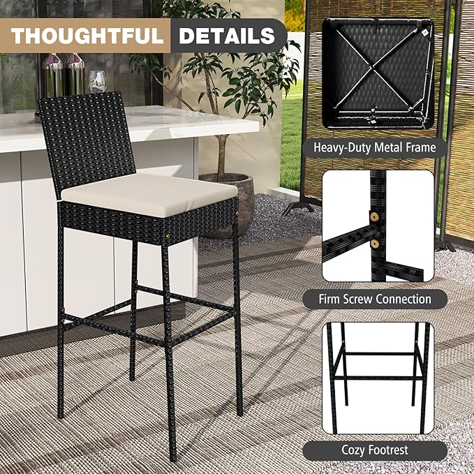 HAPPYGRILL Wicker Patio Barstools Set of 4, Outdoor Rattan Bar Chairs with Footrest & Backrest, Armless High Top Chairs with Seat Cushions for Backyard, Balcony
