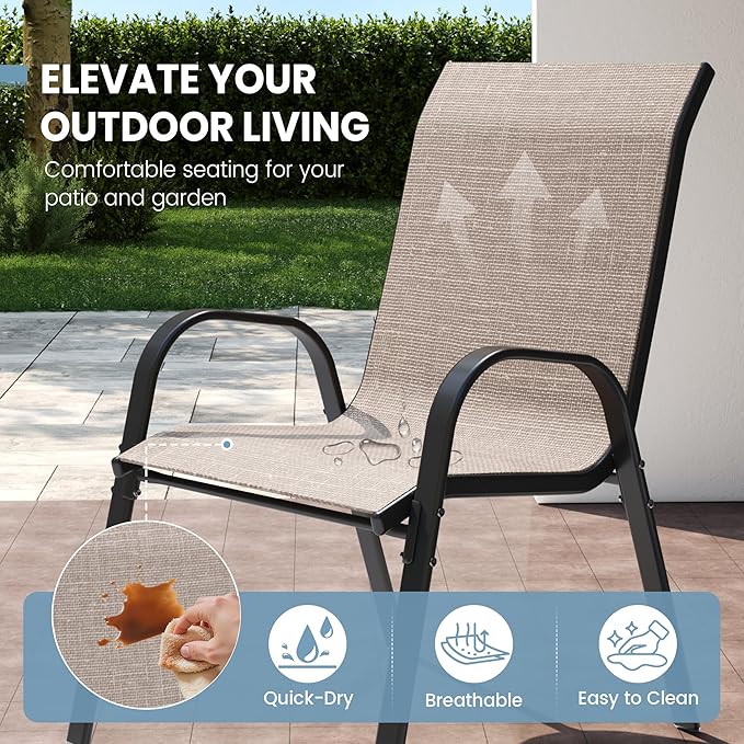 Patio Dining Chairs Set of 8, Outdoor High Stacking Chairs，Breathable Seat Fabric and Alloy Steel Frame for Backyard, Porch, Garden, Sunroom (Light Brown)