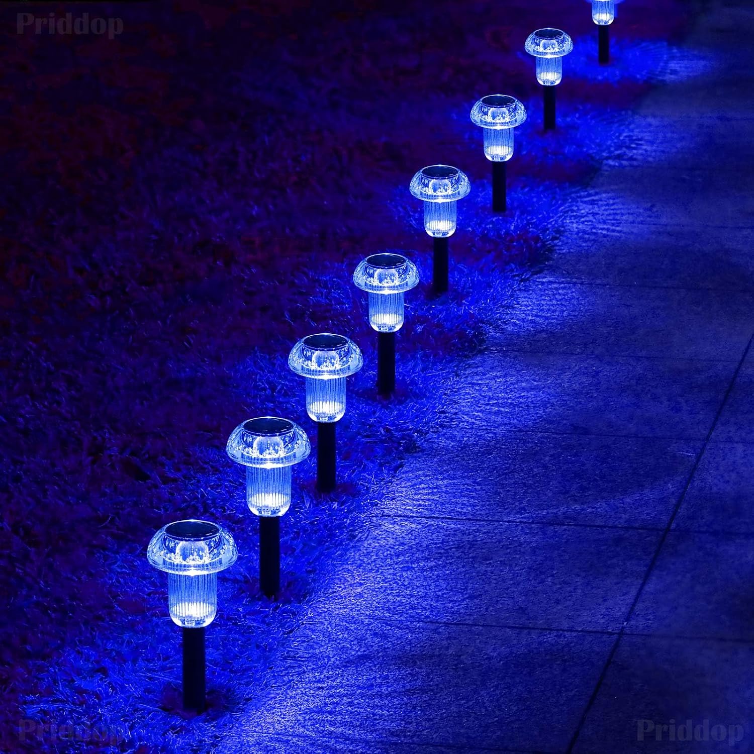 Priddop Solar Garden Lights Outdoor Waterproof 8 Pack Blue LED Mushroom | Yard Pathway Walkway Patio Landscape Path Lights, Acrylic ABS, Ground Patterns Replaceable Battery, Outside Christmas Decor