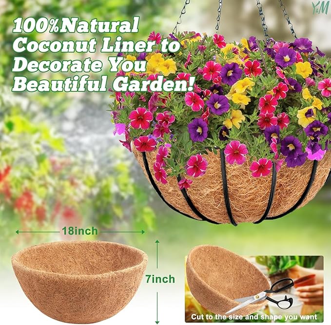 Y&M 2pcs 18“ Round Coconut Fiber Liner, 18'' Coco Liner Pre-Formed Replacement for Wall Hanging Planter Basket