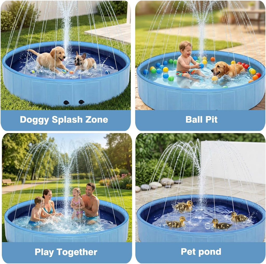 Eooqi Foldable Dog Pool with Sprinkler, Extra Large Thickened Splash Pool | 2-in-1 Outdoor Summer Water Play Toy, Non-Slip Hard-Side Kiddie Pool for Backyard Dogs, Kids & Pets (Blue, 87"-5XL)