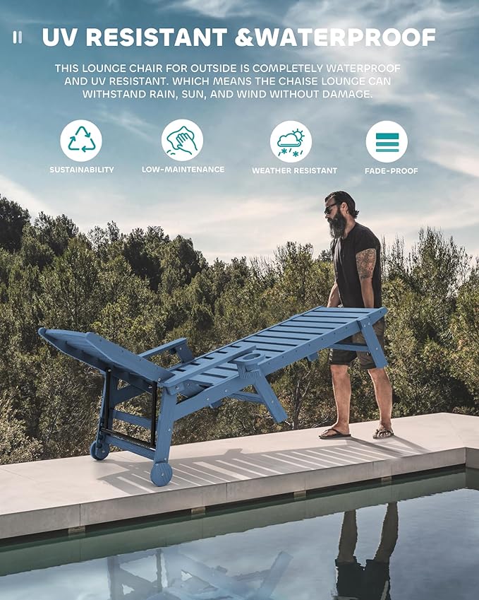 SERWALL Patio Chaise Lounge Chair Set of 6, 5 Positions Adjustable Poly Outdoor Lounger for Pool, HDPE Lounge Chair with Rolling Wheels & Cup Holder for Poolside, Deck, Blue