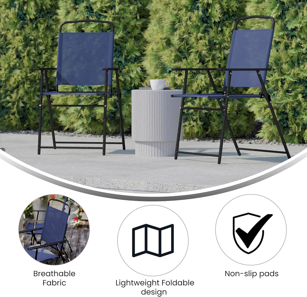 Flash Furniture Mystic Folding Patio Sling Chairs, Outdoor Textilene Lawn Chairs with Armrests, Set of 2, Navy | Textilene