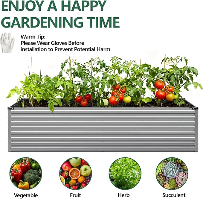 Vengarus 12x2x2FT Galvanized Raised Garden Bed Kit, Large Rectangle Elevated Planter for Vegetables, Flowers, Herbs and Succulents - 359 Gallon Capacity,Silver