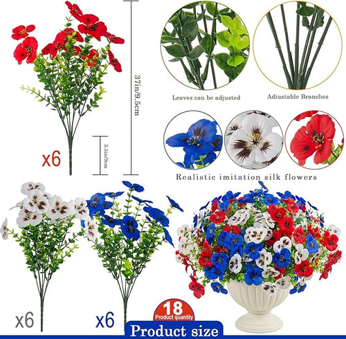 36 Pcs Artificial Fake Pansy Flowers for Outdoor, UV Resistant Faux Silk Pansies Patriotic Flowers for Outside for Planter Front Door Porch Patio Window 4th of July Home Decor(36, Red, White, Blue)
