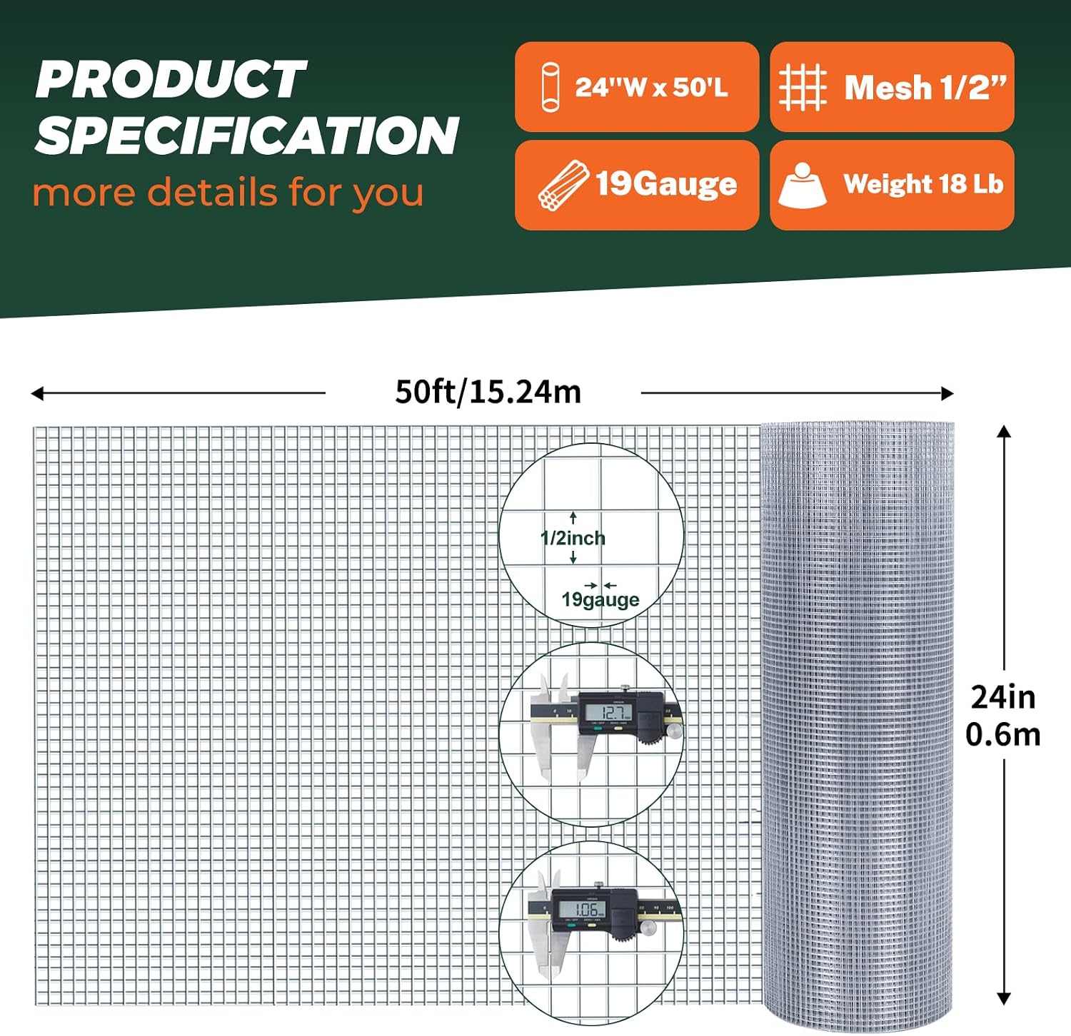 1/2'' 24'' X 50' Hardware Cloth, Chicken Wire Fencing Double Layer Hot Dip | Galvanized Wire Mesh Fence Chicken Rabbit Snake Cage Wire Fence Mesh Roll, for Chicken Coops, Fencing, Garden Protection