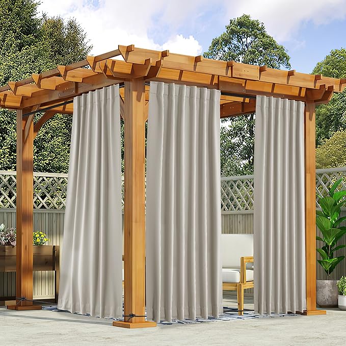 NICETOWN 2 Panels Fixed Outdoor Curtains for Patio Waterproof, Top & Bottom Pocket & Back Tab Windproof Thermal Cold & Heat Block Blackout Outdoor Drapes for Porch/Gazebo, W52 x L84, Natural