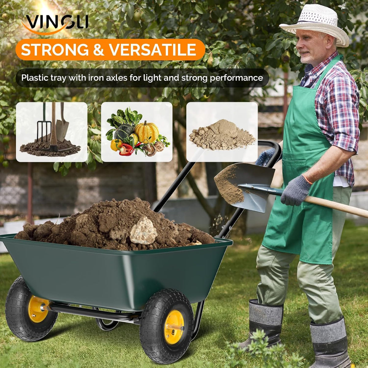 vingli 2 wheel wheelbarrow, plastic and steel wheel shown in use