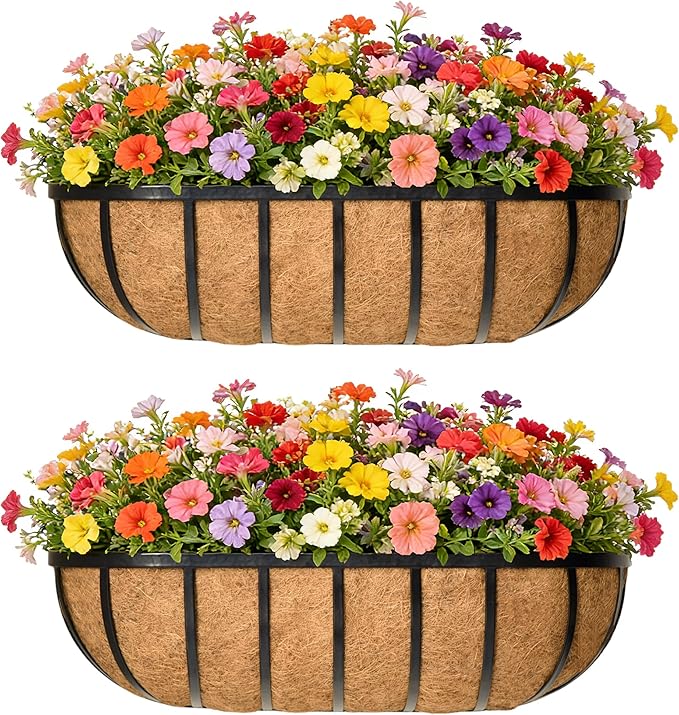 30 Inch Railing Planter Window Box Deck Balcony Rail Planter with Coco Liner Metal Wall-Mounted Coconut Liner Basket English Horse Trough for Outdoor Balcony Porch Fence Patio (2 Pack)
