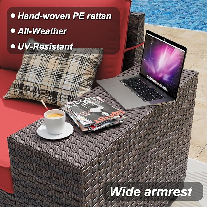 ALAULM 7 Pieces Patio Furniture Set with Fire Pit Table 55000BTU, Oversized Seat/Armrest and High Back Wicker Conversation Set with Thick Cushion for Backyard, Garden, (Red)