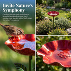 Metal Flower Garden Stakes Bird Bath, Bee Watering Station for Garden with Bee Baths and Butterfly Feeder, Decorative Outdoor Yard Art Flowers, Small Hummingbird Bath Gift for Bird Lovers, Red