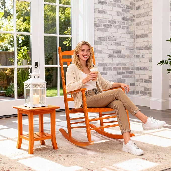 VINGLI Wooden Rocking Chair, Outdoor Chair with 450 lbs Support, Relaxing Rocker with Solid Wood High Back Seat Reclining Seat for Deck, Garden, Backyard, Porch, Indoor or Outdoor Use (Orange, 2PCS)
