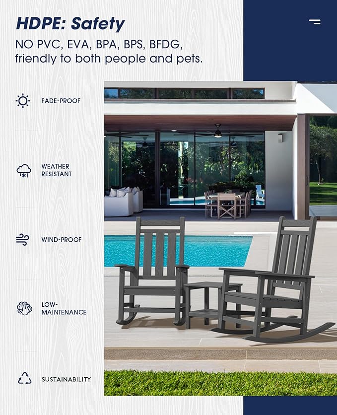 KINGYES Oversized Outdoor Rocking Chair Set of 8, All-Weather Patio Rocking Chairs for Porch, HDPE Outdoor Patio Rockers with High Back & Wide Seat for Garden, Lawn, Gray