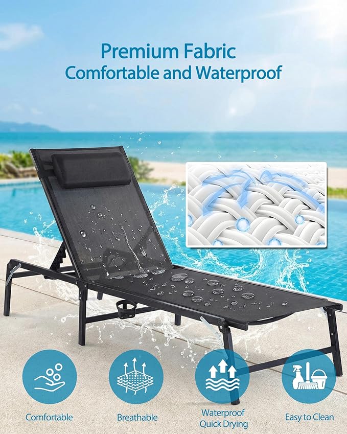4 Pack Foldable Chaise Lounge Chair with Cup Holder, Assemble-Free Outdoor Lounge Chair with Detachable Pillow and 6 Adjustable Backrest, Patio Lounge Chair for Outside Poolside Beach Pool, Black