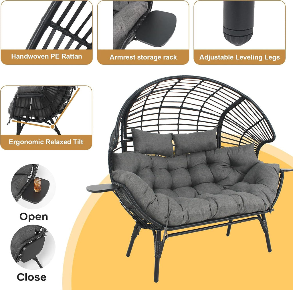 Double Egg Chair Outdoor Indoor 2 Person Wicker Egg Lounge Chair with Foldable Cup Holder Cushion Rain Cover Patio Oversized Loveseat for Balcony Porch Backyard